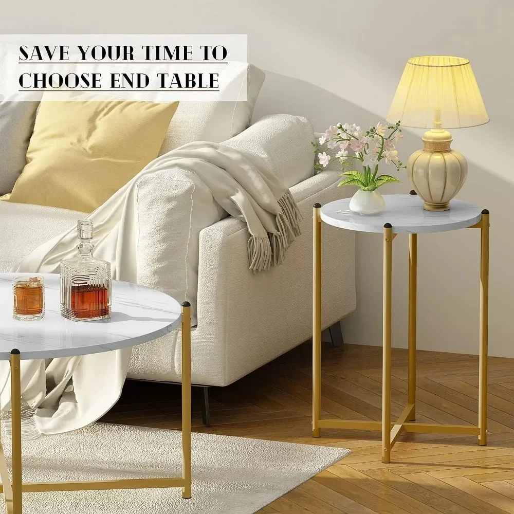 Coffee Table Set of 3, Modern Round Coffee Table & 2pcs End Table Faux Marble Tabletop with Gold Cross Base Frame, Modern