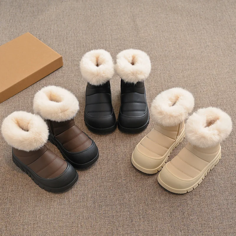 Children's Fleece Short Snow Boots 2024 Winter New Boys Velcro Anti-kick Cotton Shoes Girls Fluffy Cotton Boots