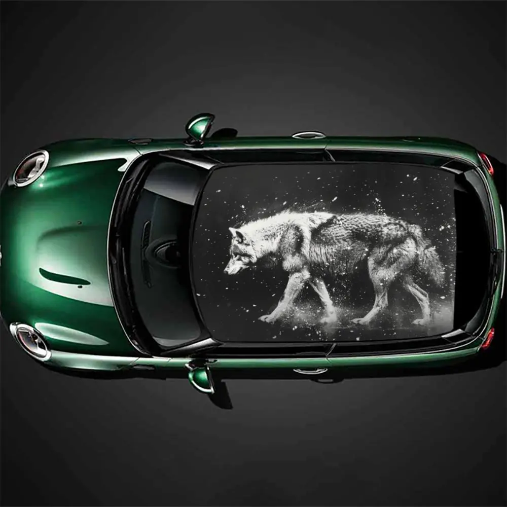 

Alone Walking Wolf with Falling Snow Car Roof Sticker Wrap Racing SUV Auto Accessories Packaging PVC Car Hood Graphic Decal