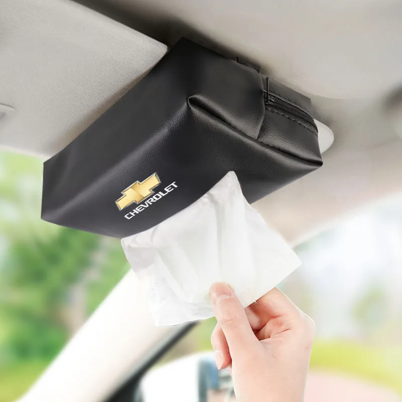 Caja de pañuelos de cuero PU para coche, bolsa de almacenamiento de pañuelos faciales para Chevrolet Bolt Spark Tahoe Z71 Aveo Impala Lacetti Malibu Sail SS Cruze