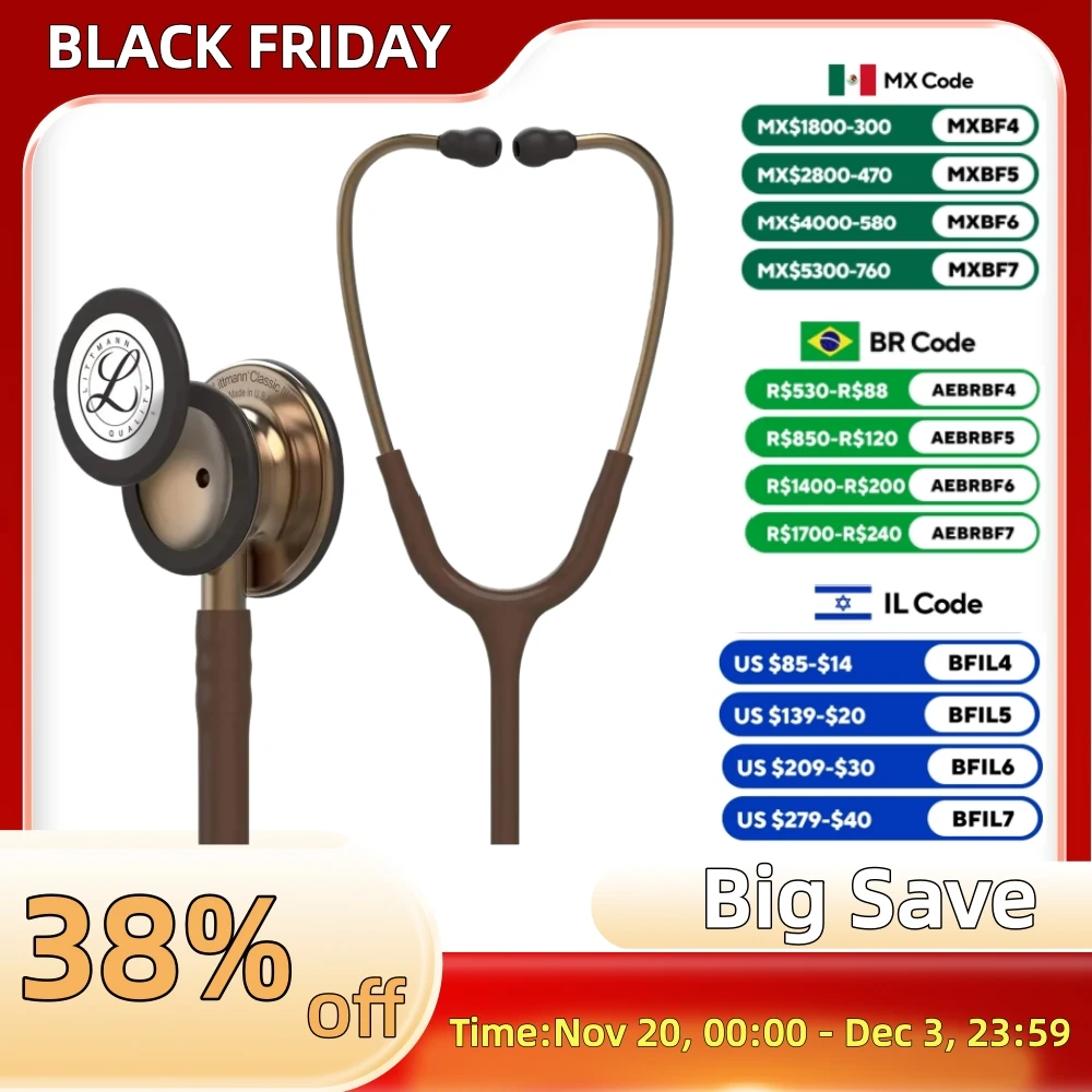 3M Littmann Classic III Monitoring Stethoscope 5809 Chocolate Gold Tube Stainless Stem and Headset For Doctor Nurse Health Care
