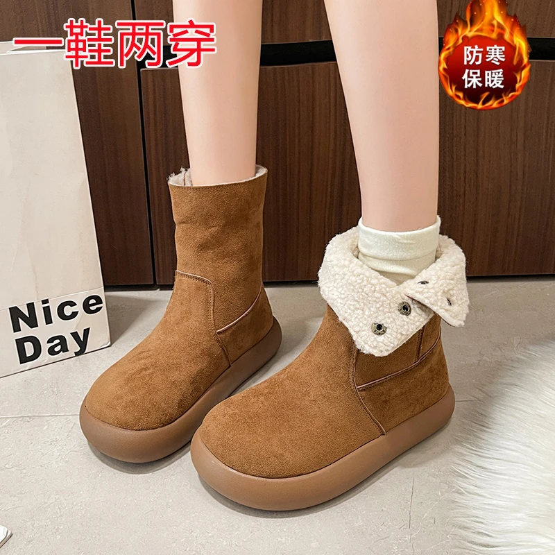 سميكة سوليد المرأة أحذية الثلوج 2025New الخريف الشتاء الصوف مبطن سميكة أحذية قطنية المرأة الدفء الفراء أحذية بوت قصيرة