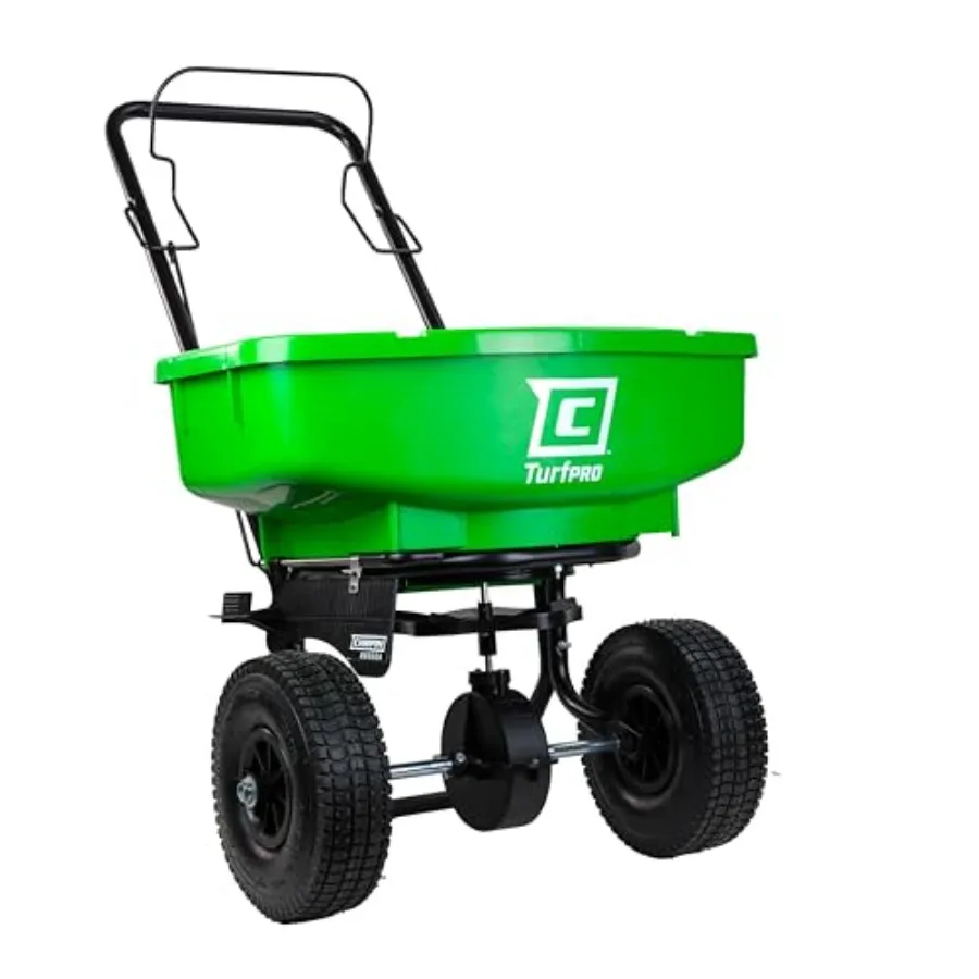 

Lawn and garden spreader for fertilizer and seeds poly hopper black weather-proof with 15-setting gate and pull-bar lever