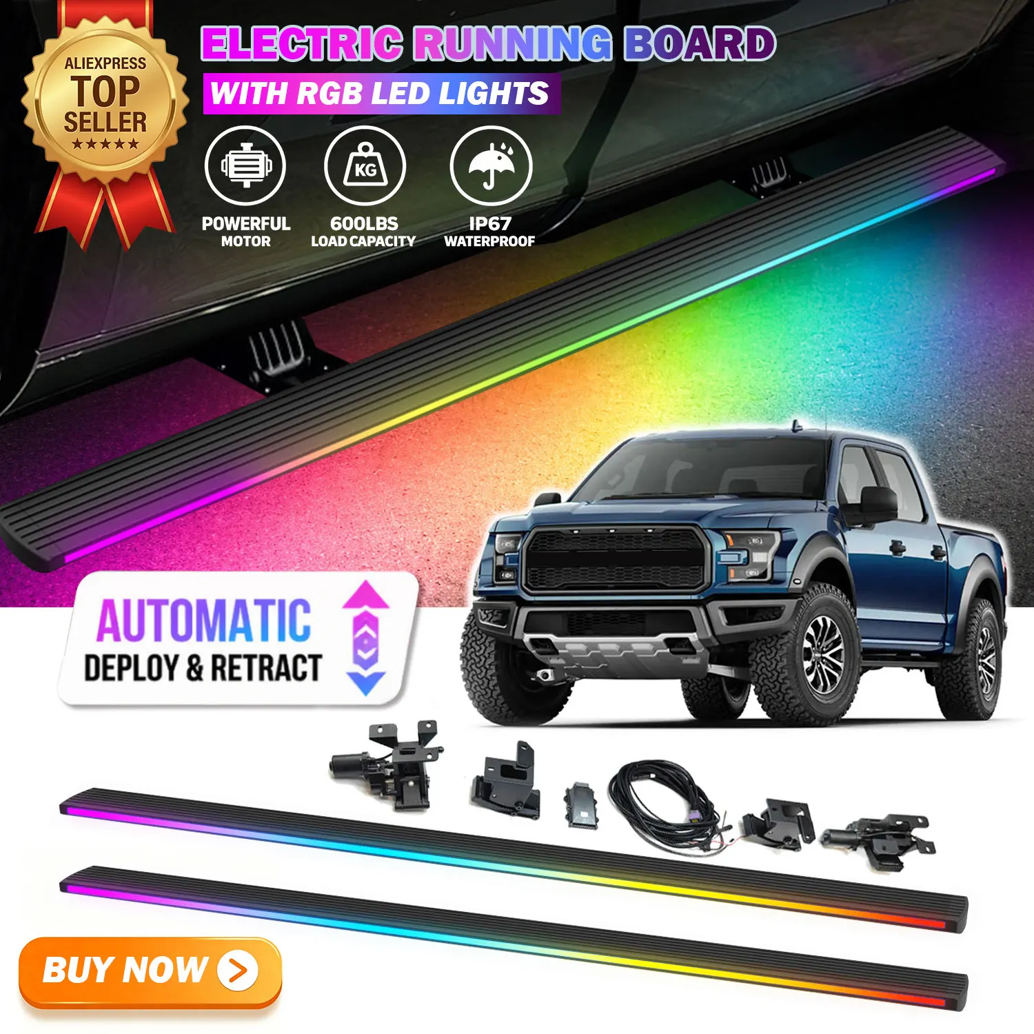 Deployable Power Electric Running Boards Fits For Ford F-150 Raptor 2020-2025 with LED Light Strips Side Step Nerf Bars