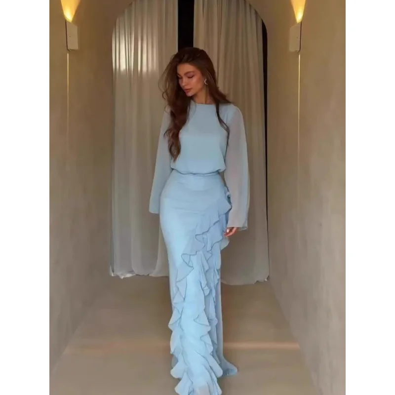 Nuovo arrivo autunno 2025: abito maxi arricciato a maniche lunghe elegante e femminile