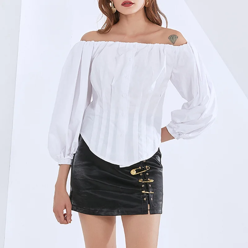 French Solid Color Shirt Autumn New Fashion Temperament Slim Lantern Sleeve One-shoulder Solid Color Single-breasted Shirt