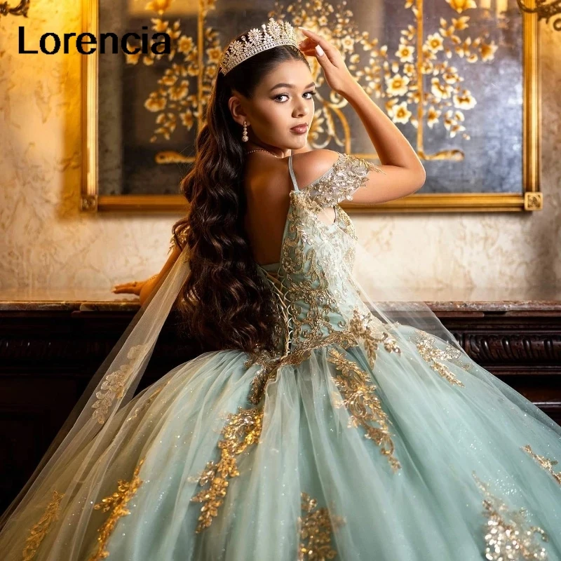 Aangepaste Salie Quinceanera Jurk Baljurk Gouden Kant Applique Kralen Cape Mexicaanse Sweet 16 Vestidos De 15 Años YQD818