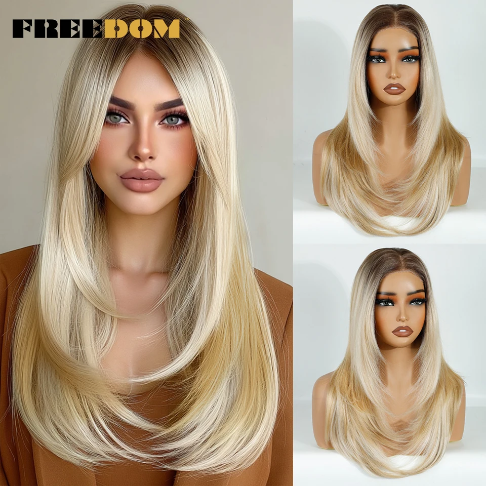 FREEDOM Synthetische Lace-Front-Perücken für Frauen, 20 Zoll, 13x3, glatt, vorgezupft, geschichtete Spitzenperücken, Ombre Braun Blond, Perücke für den täglichen Gebrauch – Detail 12