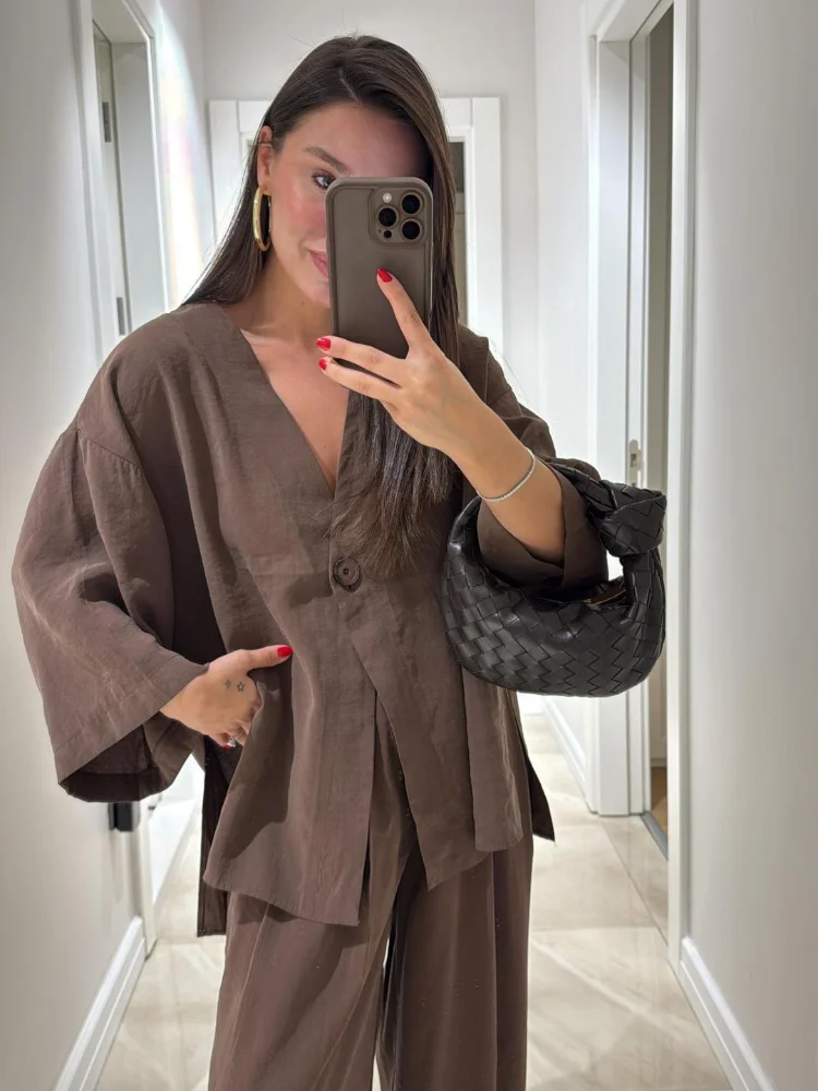 

2025 Women Classic Solid Wide Leg Pants Suits Summer Fashion V-neck One Button Loose Blouse Sets Casual Female Daily Streetwear