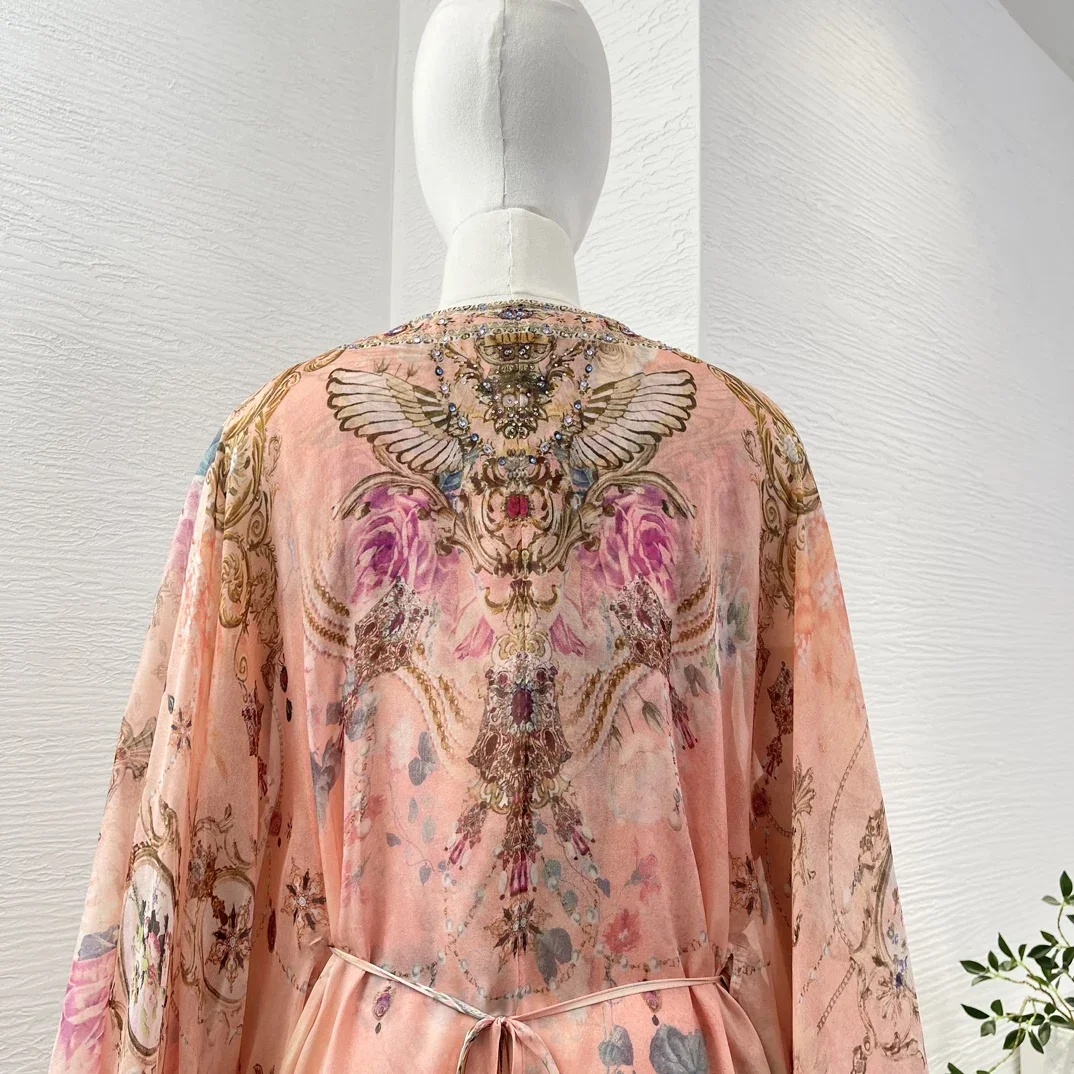 

Pink Floral Print Long Sleeve Deep V Neck Diamonds Midi Dress