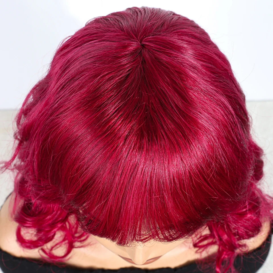 Lekker vermelho curto onda profunda encaracolado bob 100% perucas de cabelo humano com franja para mulheres cabelo remy brasileiro colorido 12 "perucas cosplay