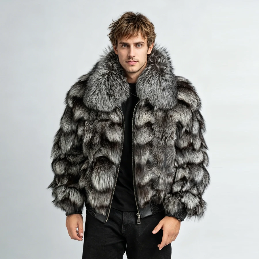 Chaqueta de Piel de Zorro Plateado Auténtica con Solapa, Chaqueta Bomber con Cremallera para Hombre, Chaqueta Corta de Piel de Zorro, Chaqueta de Piel Natural de Alta Calidad