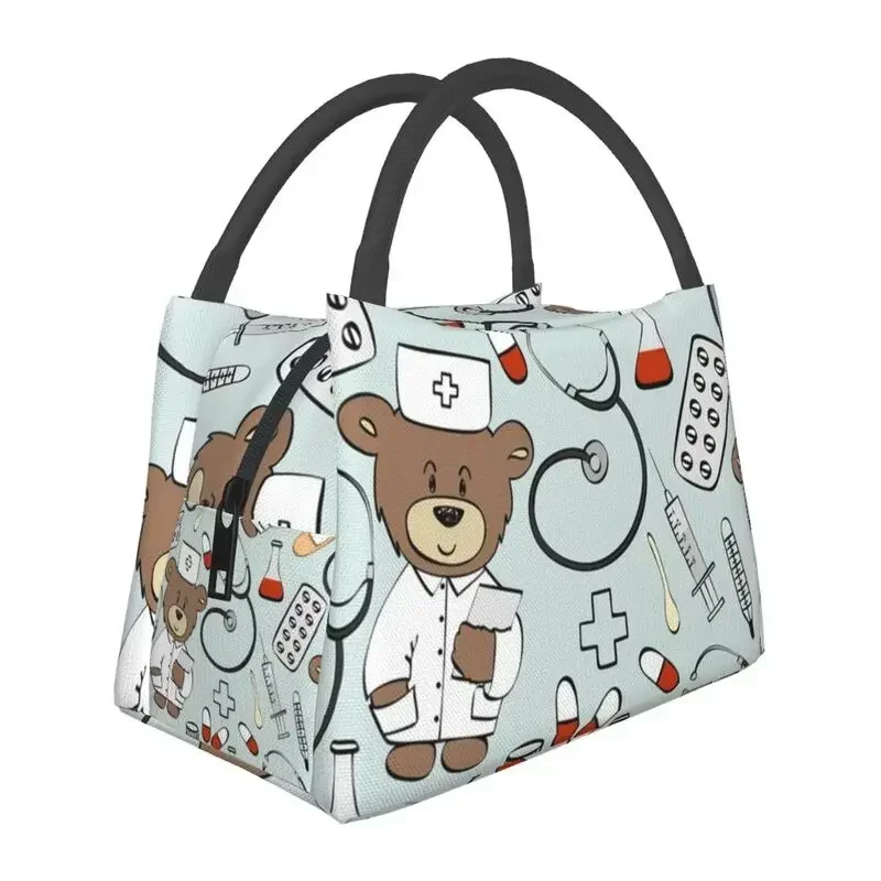 

Custom Nurse Pattern With Bear Lunch Bags Men Women Thermal Cooler Insulated Lunch Boxes for Office Travel