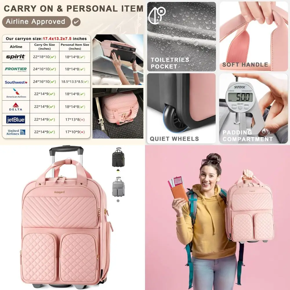 

Pink Lightweight Rolling Personal Item Bag with Multiple Compartments, Airline Approved Carry-On for Women, Large