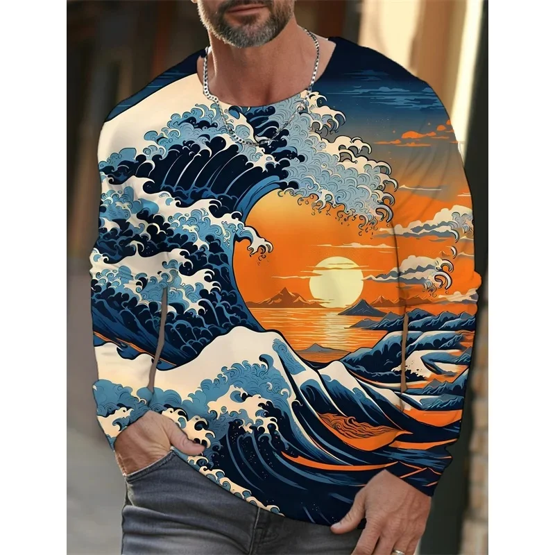 2026 new men's Ukiyoe long-sleeved T-shirt 3D printing high-definition wave cat printing men's autumn casual round neck top