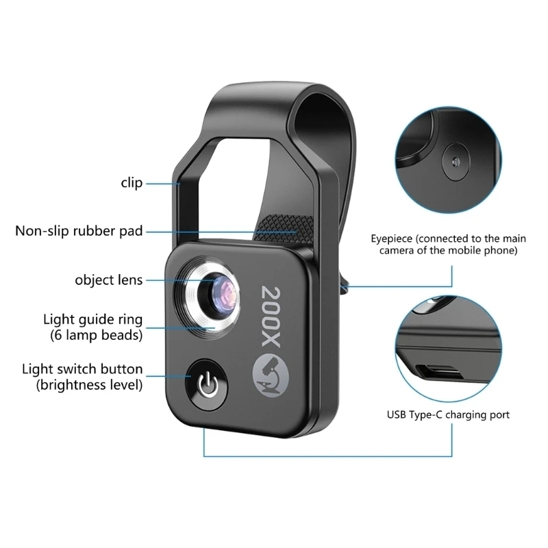 Kính Hiển Vi Điện Thoại Với Ống Kính CPL/Đèn LED, Kính Hiển Vi Bỏ Túi 200X Camera Đính Kèm Kẹp Đa Năng Cho Điện Thoại Động