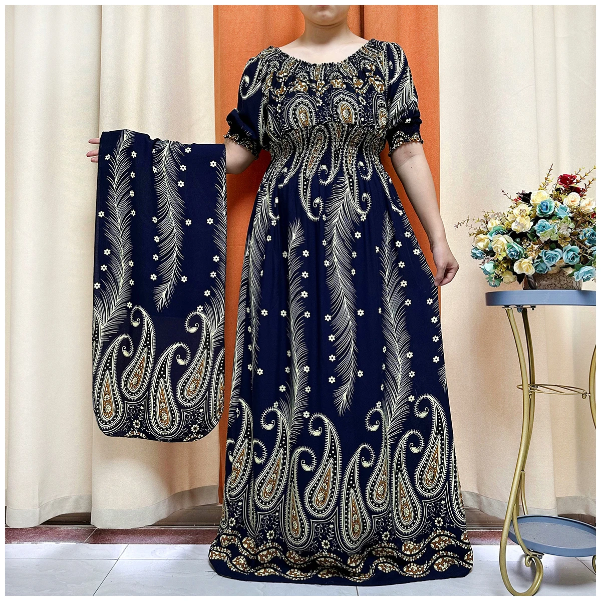 2024  New Women Summer Short Sleeve Abaya Positioning Printed Collect Waist Loose Floral Boubou Maxi Islam Women African Clothes