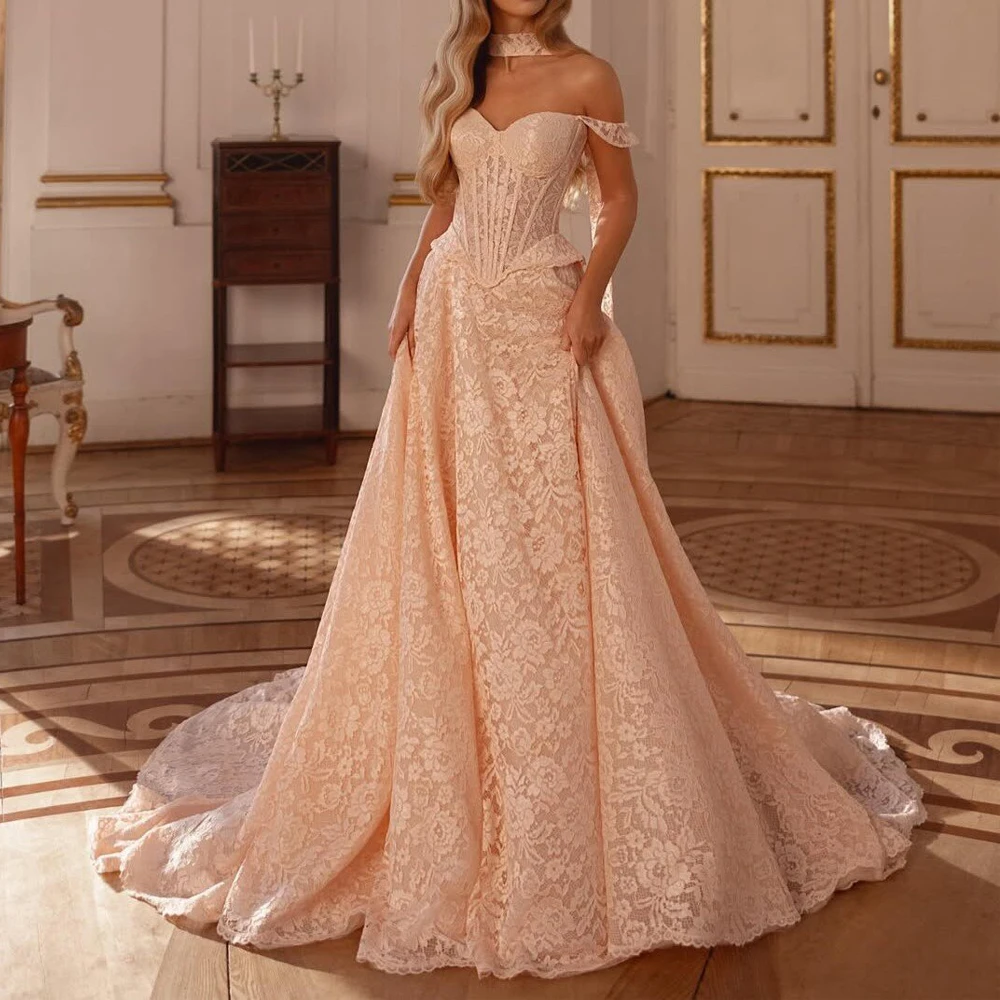 

Customized Chic Floral Lace Wedding Dress 2026 Off the Shoulder Corset Bridal Gown Pink Spring Summer vestidos de novia