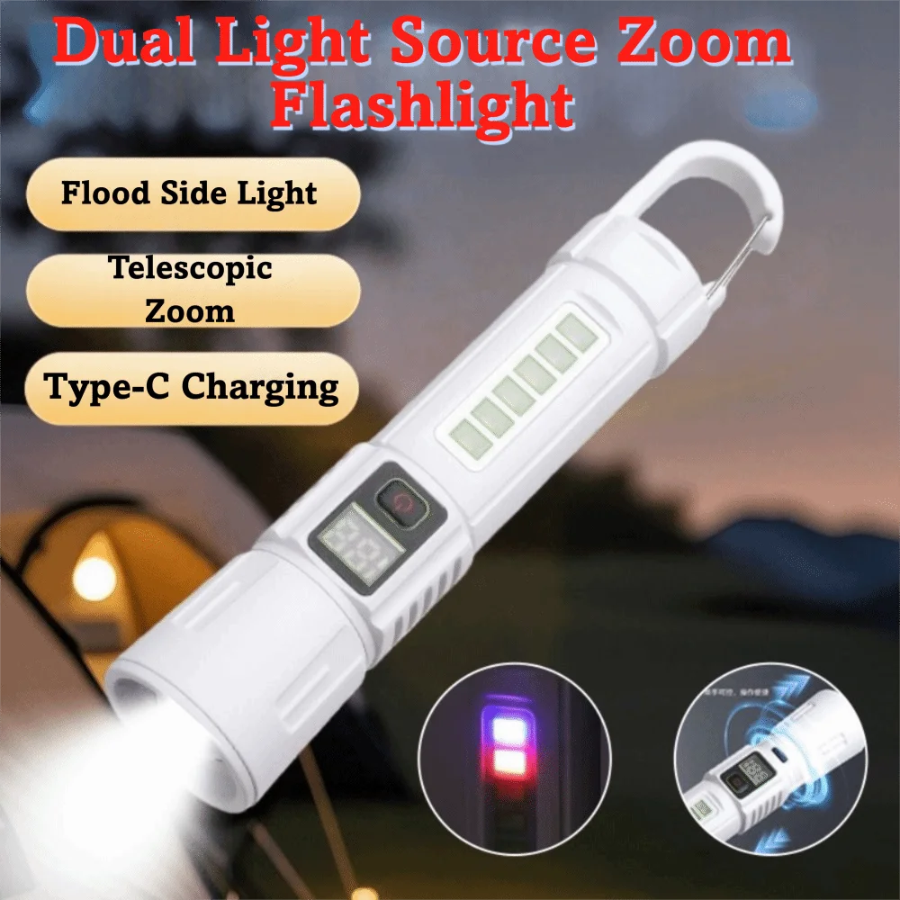 Red Blue Warning Light Zoomable Flashlight Portable Hook Waterproof Rechargeable Flashlight Type-C fast charging