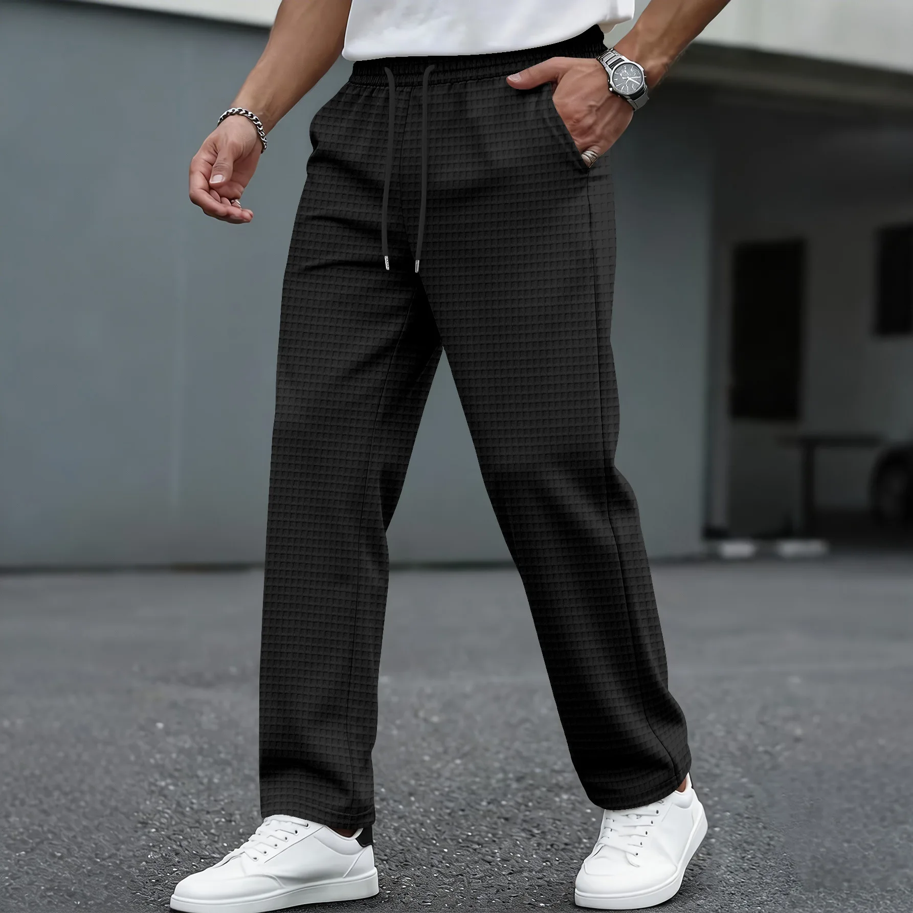 2026 Men's Waffle Textured Drawstring Straight Leg Pants, Casual Trousers with Pockets