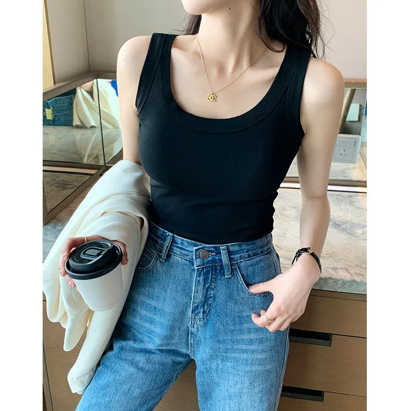 Tank Top Women Tees White Crop Top Ribbed Camis Summer Korean Fashion Clothing Basic Elastic Round Neck Sexy Top Y2k Tops