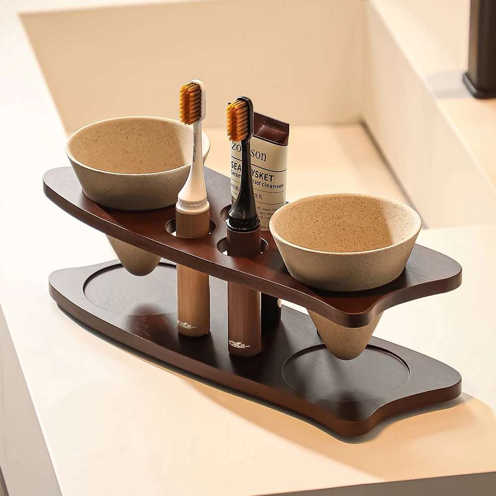 Bathroom Supplies Electric Toothbrush Rack Solid Wood Toothbrush Rack Coarse Pottery Mug Retro Bathroom Decoration Accessories