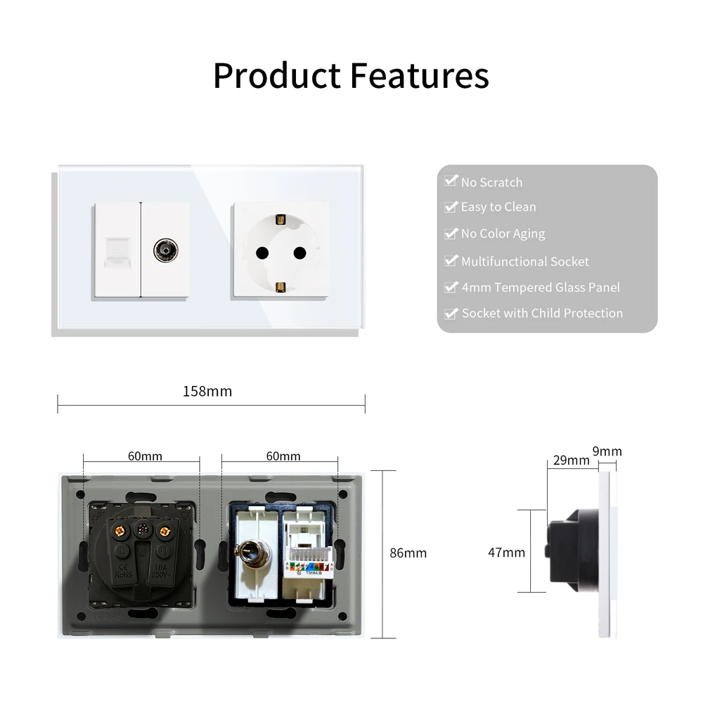 Bingoelec Wall Socket TV PC Internet with USB Socket Type-C Interface Crystal Glass Panel White Black Grey Golden EU Standard