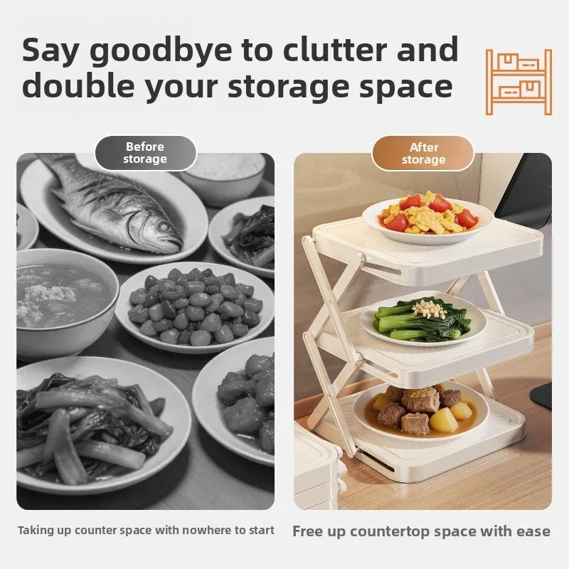 Foldable Multi Layer Kitchen Shelf Collapsible Countertop Storage Organizer for Food Prep Hot Pot Ingredients Cookware Storage