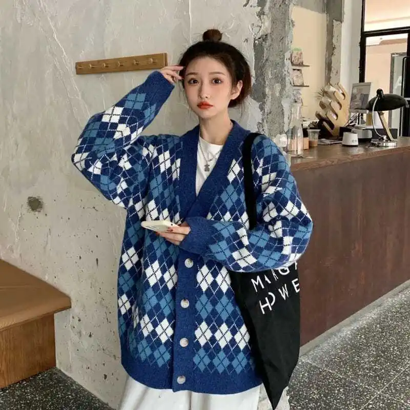Vintage Argyle Check Knit Sweater Women Tone V Neck Button Oversized Loose Fit Sweater Women Street Fashion Cardigan Women