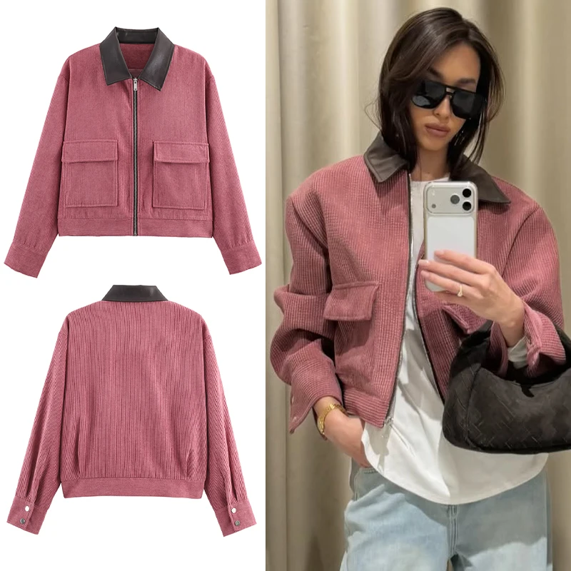Spring Pink Casual Jacket Women's Loose Fit Streetwear Front Zipper Pockets Lounge Wear Daily Outerwear