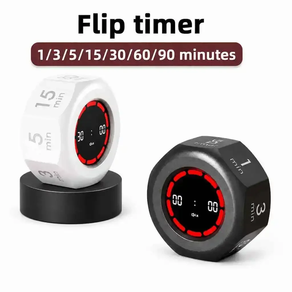Visual Flip Timer, Gravity Activated Countdown Timer, 7 Presets up to 90 Min, Silent Alarm for Kitchen Study Office School Desk