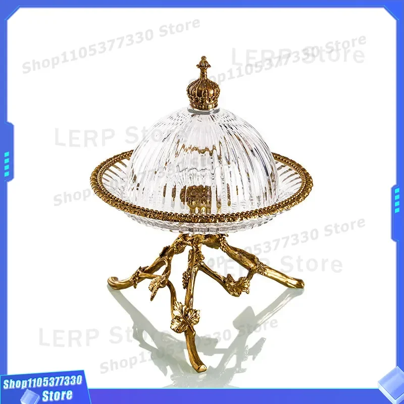 European Crystal Cake Stand with Copper Tripod Base French Style Fruit Plate for Living Room Dining Table Office Home Decor