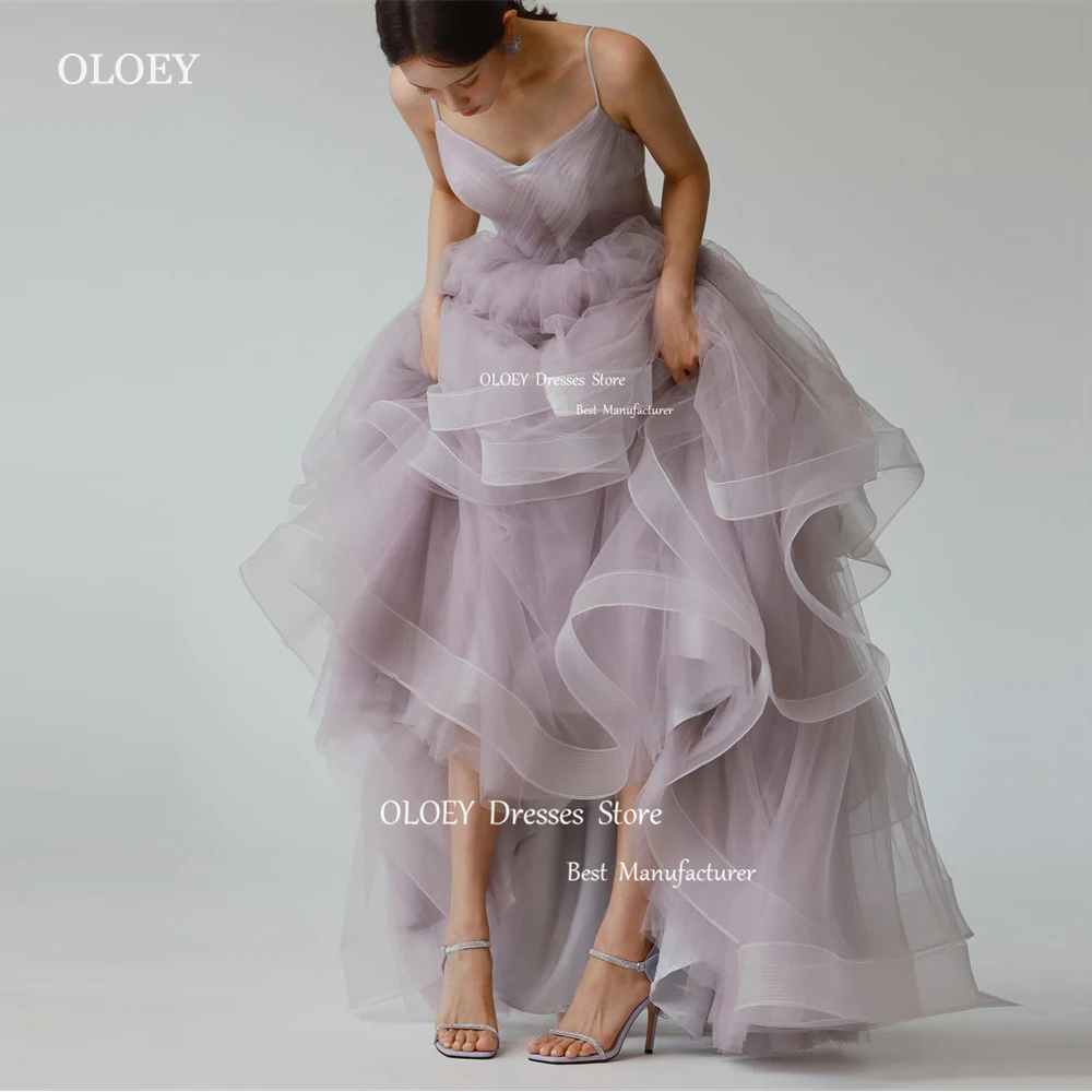 

OLOEY Lavender Tulle Evening Dresses Korea Wedding Photoshoot Spaghetti Straps Sweetheart Ruffles Garden Bride Gowns Corset Back