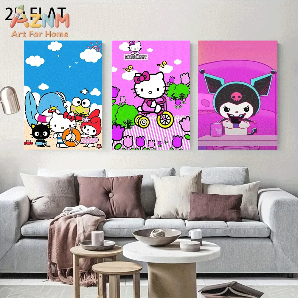 AZNM Sanrio Hello Kitty Kuromi Canvas Wall Art Unframed Cute Cartoon Sanrio Friends Beach Bicycle Theme Print Painting Girls Bed
