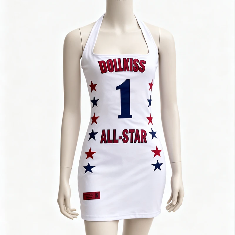 European and American style Y2K digital letter striped printed sleeveless hanging neck dress with sweet and spicy girl's sexy