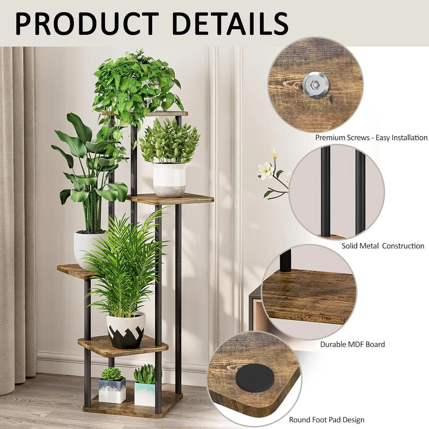 Plant Stand 5 Tier Indoor Metal Flower Shelf  Multiple Plants Corner Tall Flower Holders for Patio , Black (5 Tier-Black)