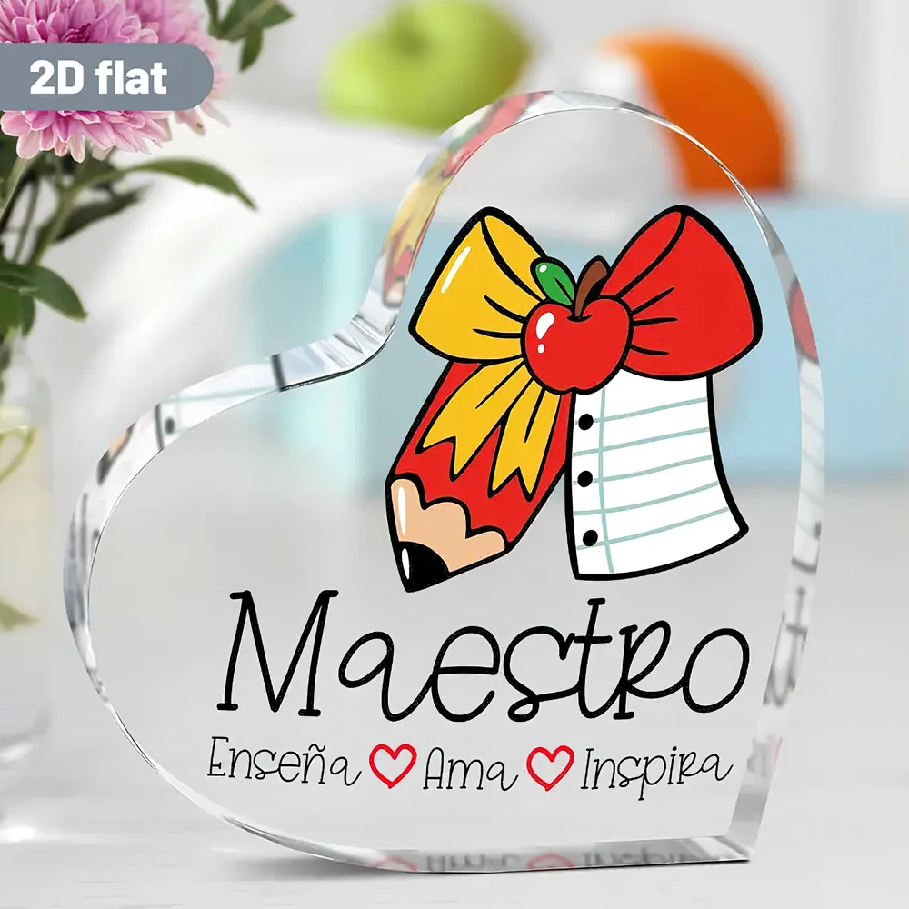 2D plano, 1 pieza de letrero acrílico inspirador en español "Maestro Enseña Amor Inspira" - Decoración colorida de agradecimiento para profesores con lápiz,