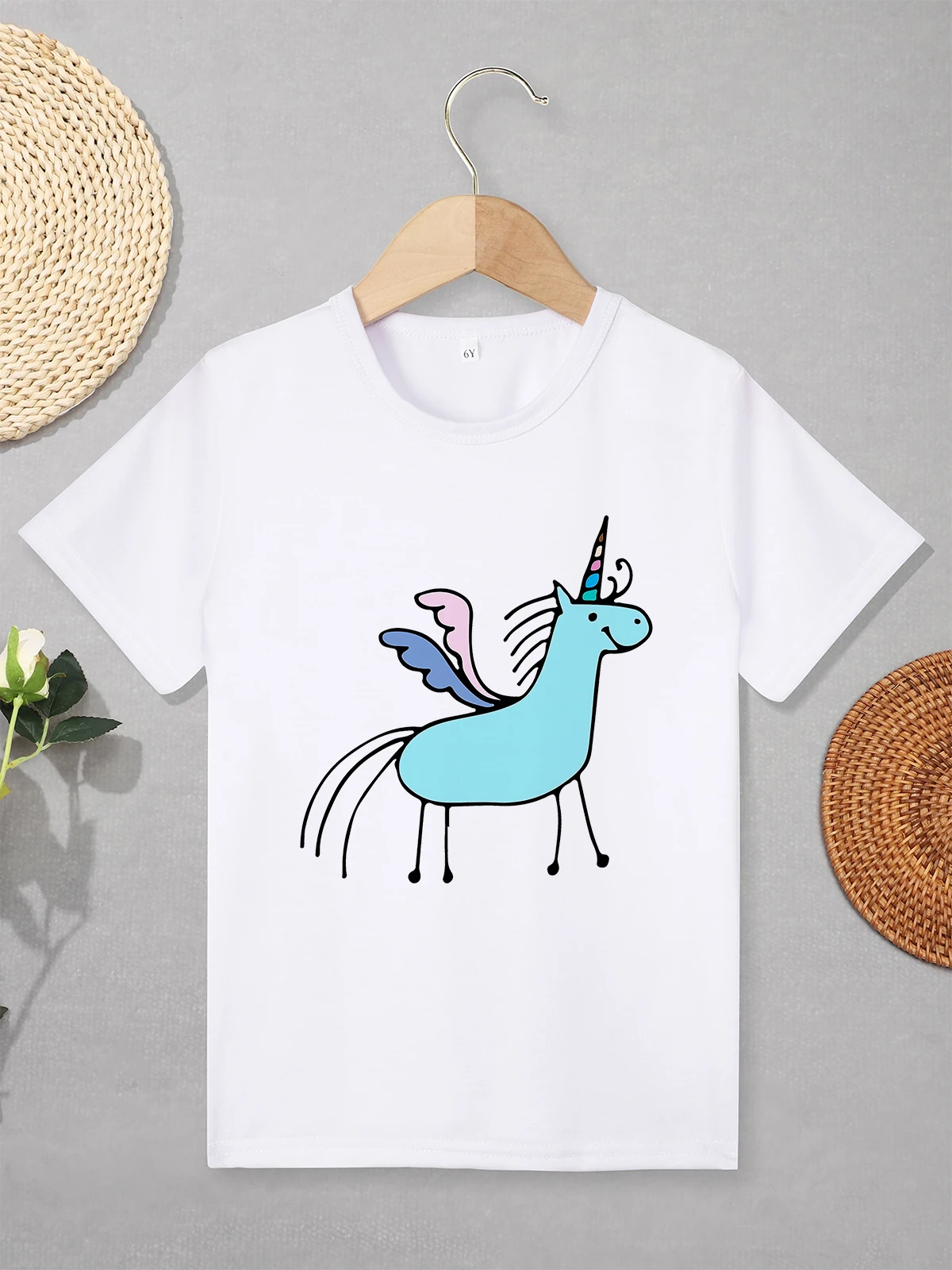 Funny Unicorn Print Simple Cartoon Kids T Shirt 2-7 Years Cute Toddler Girls Clothes Outdoor Casual Versatile Summer Breathable