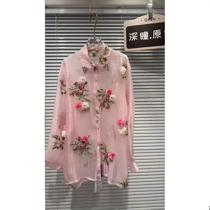 

Thin Sunscreen Loose Casual Top Cardigan 2025 Summer Diamonds Flowers Embroidery Shirts Blouses For Women Long Sleeve
