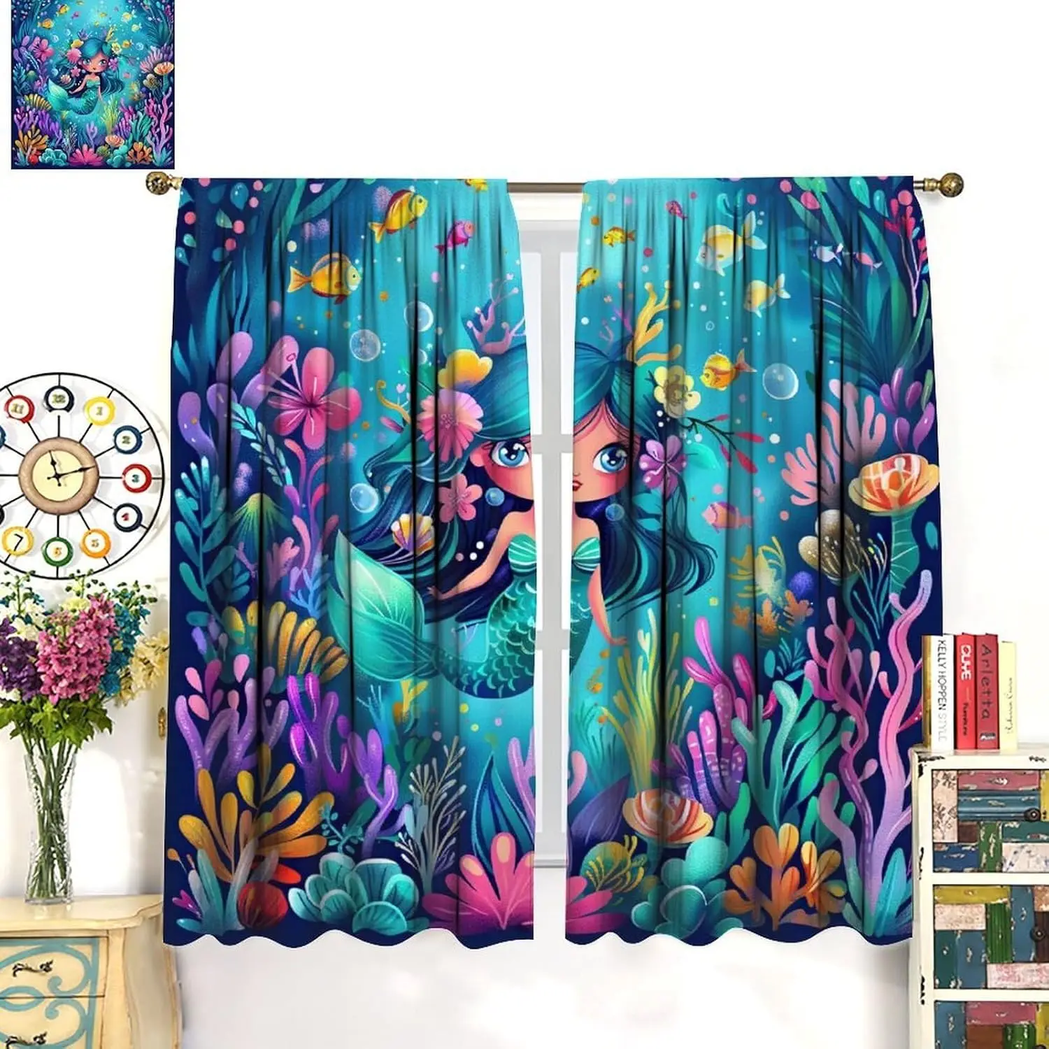 Cartoon Watercolor Mermaid Curtains Colorful Art Coral Sea Clownfish Fairy Tale Theme Rod Pocket Window Treatments for Kids Boys