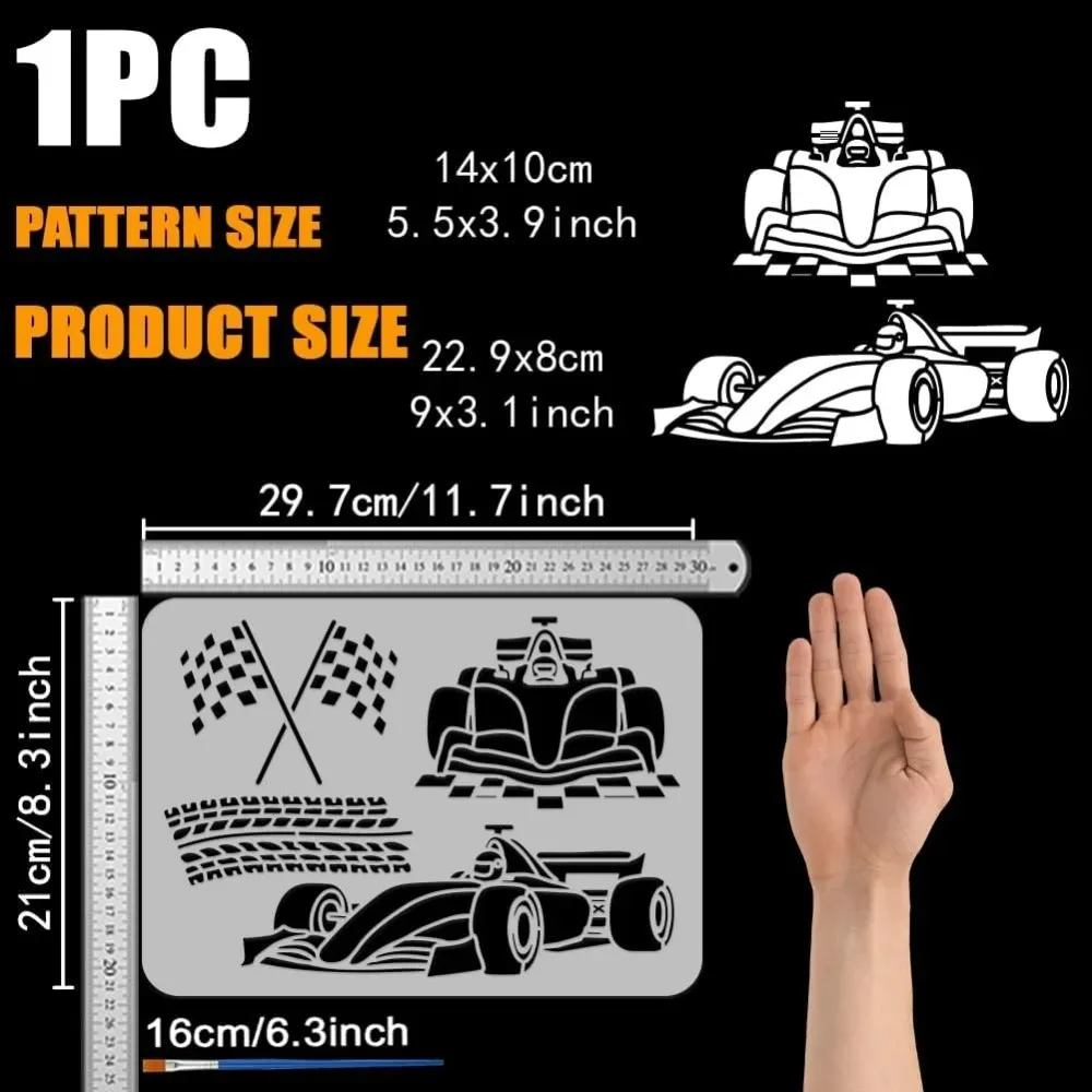 Racing Car Stencil with a Paint Brush 8.3x11.7inch Formula Racing Car Large Stencil Racing Flag Painting Stencil Tire Tracks