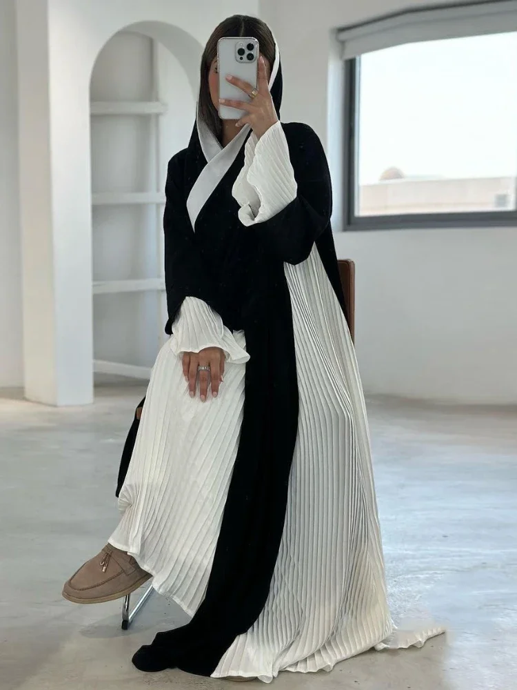 Eid Muslim Party Abaya for Women Ramadan Cardigan Pleated Long Dress Morocco Kaftan Vestidos Largos Dubai Robe Jalabiya 2024