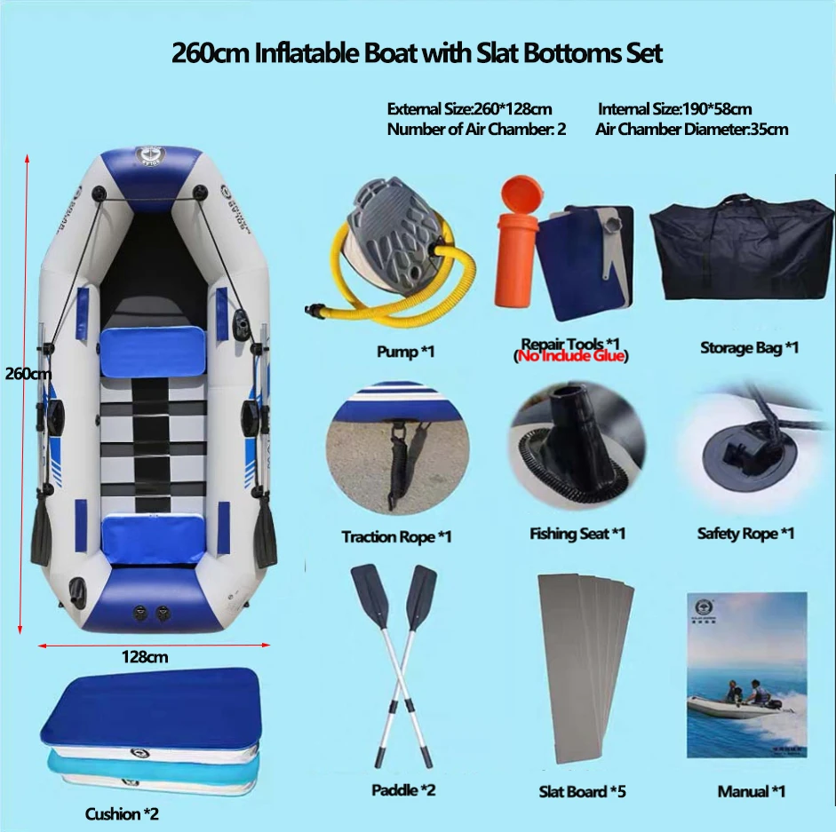 PVC Inflatable Boat 3 Layer Inflatable Fishing Boats Laminated Wear-Resistant Kayak Boats for 2-6 Person Kayak Rowing Canoe