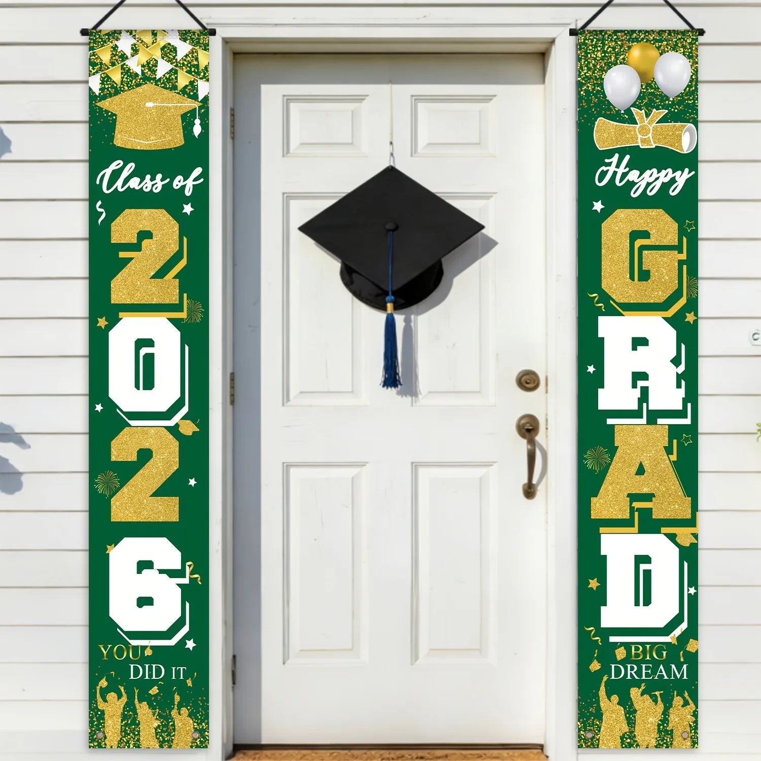 1 Set Polyester-Abschluss-Türbanner-Set mit Muster „Klasse 2026“, hängende Veranda-Schilder für Abschlussfeiern, Dekoration für die Haustür und die Veranda