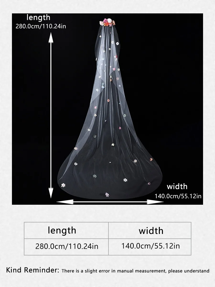 Cathedral Long Wedding Veil Colorful 3D Artificial Flower Bridal Veil With Metal Comb Romantic Floral Bride Hair Accessories