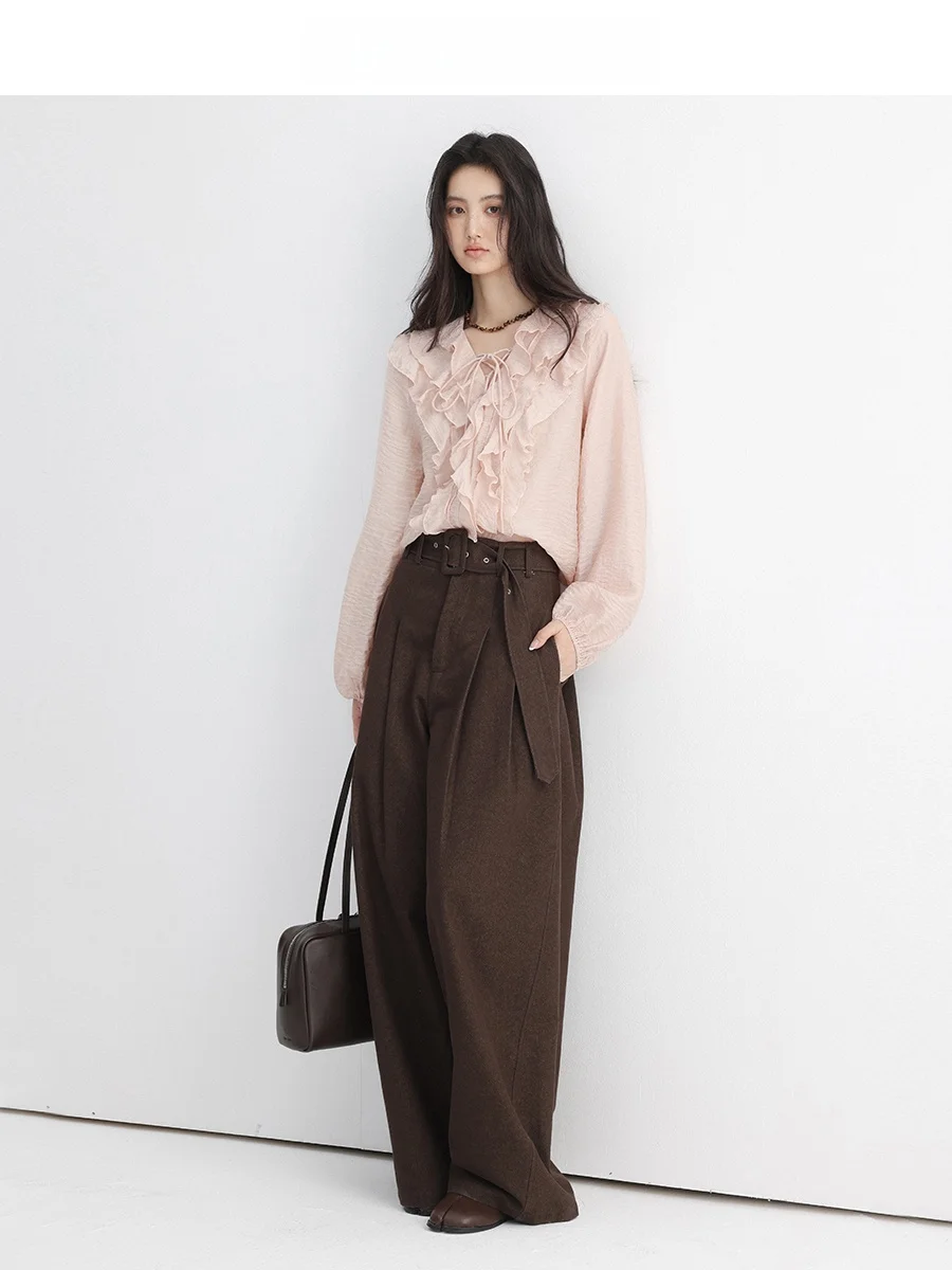 

Early Spring Pink Lace Trim irt Women's High-End Long Sve V-Ne Top French Sle Loose Fit Regular Thin