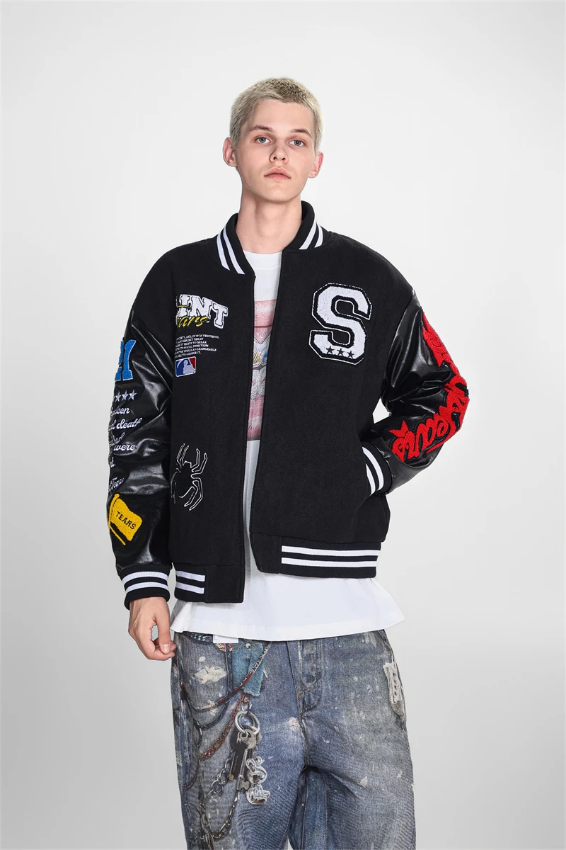 الخريف الشتاء سانت مايكل خمر الأمريكية عادية فضفاض التصحيح سترة مطرزة تحلق البيسبول معطف الشارع الرجال المعتاد #4