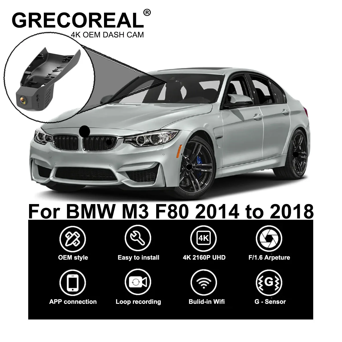 

GRECOREAL 4K Dash Cam Front and Rear 2160P WiFi Car Dual Dashcam APP Control Easy Install Plug Play Compatible with BMW M3 F80