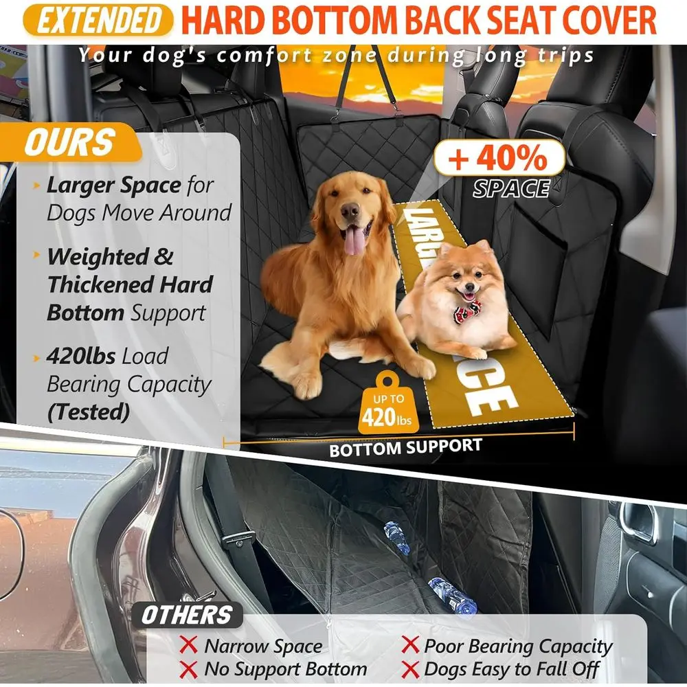 Large Dog Car Seat Cover with Hard Bottom, Holds 420lbs, Waterproof Pet Hammock for Cars, SUVs, Trucks, Black