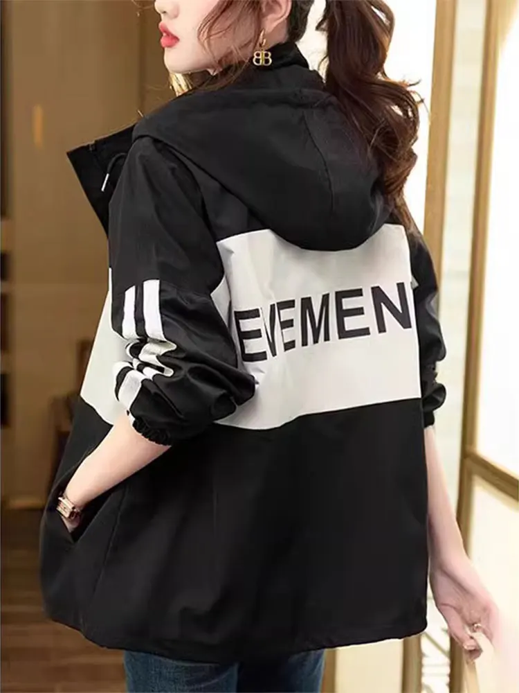 

Women's Letter Print Hooded Jaet Coat Casual Baseball Sle Spring Autumn New ular Workwear Outerwear Long Sve Zipper